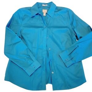 Chico's 1 Women's Turquoise Blue Button‎ Down No Iron Blouse Size Medium or 1